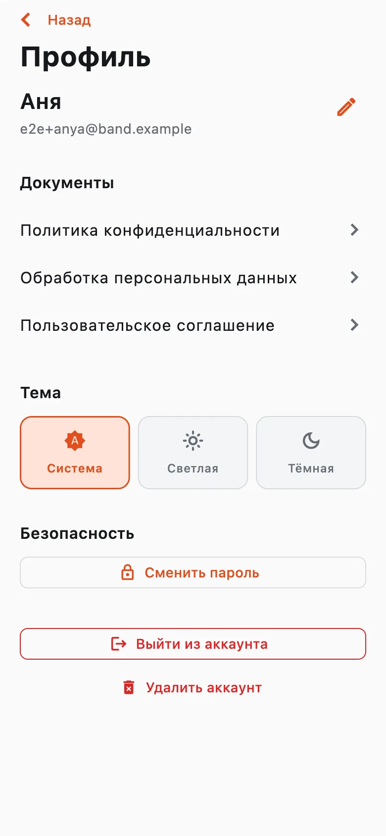 Профиль Ани: документы, выбранная светлая тема и кнопка «Сменить пароль»